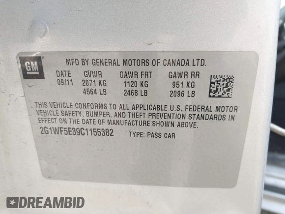 2012 Chevrolet Impala LS Fleet with VIN 2G1WF5E39C1155382, listed as a IAAI auction lot 41836701 with 148,878 mi miles and . Bid and sale history available at DreamBid. Image 9.