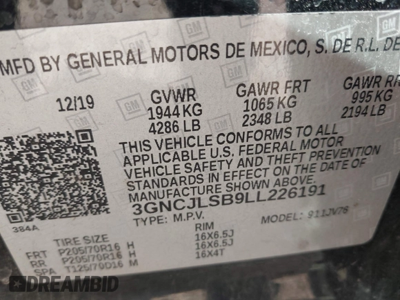 2020 Chevrolet Trax LT z VIN 3GNCJLSB9LL226191, wystawiony jako IAAI lot #42010382 z przebiegiem 90 357 mil mil oraz . Historia ofert i sprzedaży dostępna na DreamBid. Obrazek 9.
