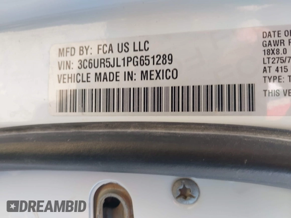 2023 Ram 2500 Big Horn with VIN 3C6UR5JL1PG651289, listed as a IAAI auction lot 42460464 with 65,567 mi miles and . Bid and sale history available at DreamBid. Image 8.