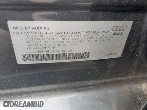 2008 Audi A4 с VIN WAUEH78E28A034855, выставлен на аукционе Copart как лот 60356765 с пробегом 107 980 миль миль и Чистый • Clean title. История ставок и продаж доступна на DreamBid. Изображение 13.