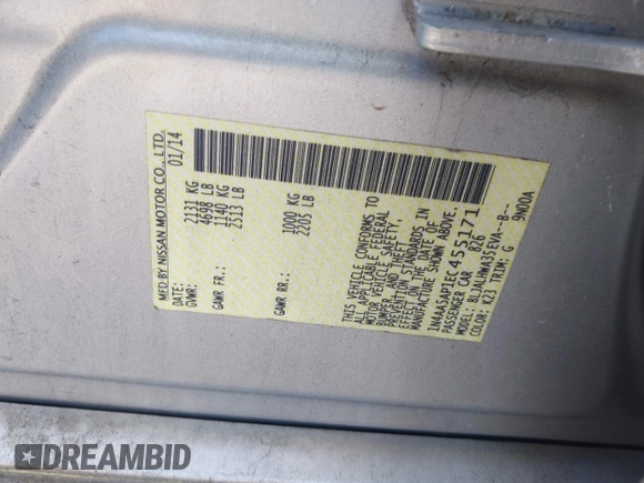2014 Nissan Maxima SV with VIN 1N4AA5AP1EC455171, listed as a IAAI auction lot 42603177 with 181,619 mi miles and . Bid and sale history available at DreamBid. Image 9.