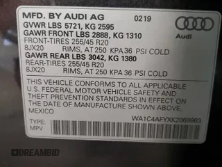 2019 Audi SQ5 Prestige with VIN WA1C4AFYXK2069963, listed as a Copart auction lot 55165124 with 50,558 mi miles and Salvage Title. Bid and sale history available at DreamBid. Image 13.