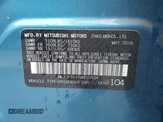 2017 Mitsubishi Mirage ES z VIN ML32F3FJ7HHF07604, wystawiony jako IAAI lot #42411469 z przebiegiem 95 197 mil mil oraz . Historia ofert i sprzedaży dostępna na DreamBid. Obrazek 9.