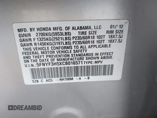 2012 Honda Pilot EX-L with VIN 5FNYF3H5XCB016571, listed as a IAAI auction lot 41905676 with 146,457 mi miles. Bid and sale history available at carsss.com. Image 9.