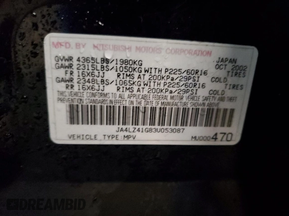2003 Mitsubishi Outlander XLS with VIN JA4LZ41G83U053087, listed as a Copart auction lot 48936755 with 181,200 mi miles and Salvage Title. Bid and sale history available at carsss.com. Image 13.