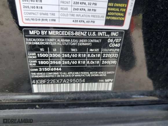 2007 Mercedes-Benz GL-Class with VIN 4JGBF22EX7A295054, listed as a Copart auction lot 50797675 with 172,836 mi miles and Salvage Title. Bid and sale history available at carsss.com. Image 13.