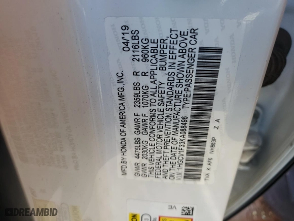 2019 Honda Accord Sedan Sport 1.5T with VIN 1HGCV1F33KA088496, listed as a Copart auction lot 50269915 with 49,913 mi miles and Salvage Title. Bid and sale history available at carsss.com. Image 12.