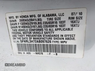 2010 Honda Odyssey EX-L with VIN 5FNRL3H72AB097626, listed as a IAAI auction lot 41971185 with 185,048 mi miles. Bid and sale history available at carsss.com. Image 9.