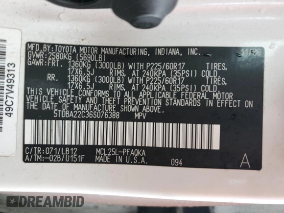 2006 Toyota Sienna XLE with VIN 5TDBA22C36S076388, listed as a Copart auction lot 86110244 with 212,132 mi miles and Clean Title. Bid and sale history available at carsss.com. Image 13.