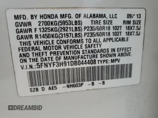 2013 Honda Pilot Touring with VIN 5FNYF3H91DB044408, listed as a Copart auction lot 60493765 with 131,986 mi miles and Salvage title. Bid and sale history available at DreamBid. Image 13.