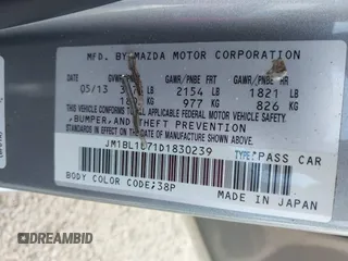 2013 Mazda 3 i Sport with VIN JM1BL1U71D1830239, listed as a IAAI auction lot 41950679 with 139,769 mi miles and . Bid and sale history available at DreamBid. Image 9.