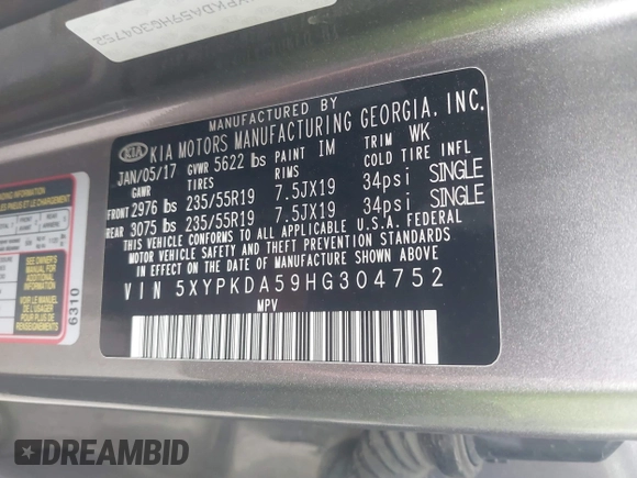 2017 Kia Sorento SX with VIN 5XYPKDA59HG304752, listed as a IAAI auction lot 40931971 with 143,211 mi miles and . Bid and sale history available at DreamBid. Image 9.