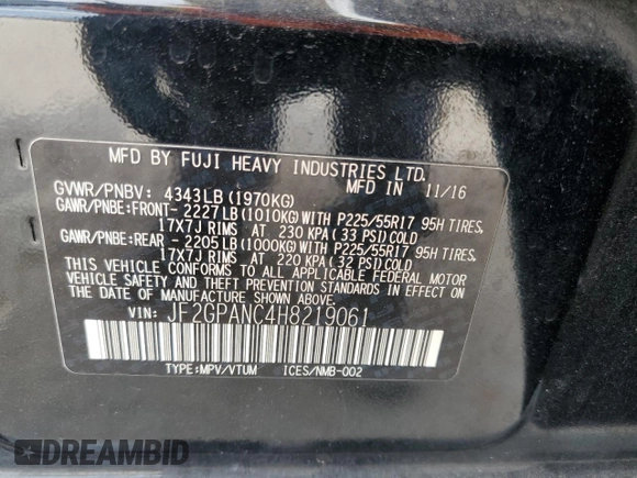2017 Subaru Crosstrek Limited z VIN JF2GPANC4H8219061, wystawiony jako Copart lot #57409035 z przebiegiem 71 778 mil mil oraz Szkoda całkowita • Salvage title. Historia ofert i sprzedaży dostępna na DreamBid. Obrazek 14.