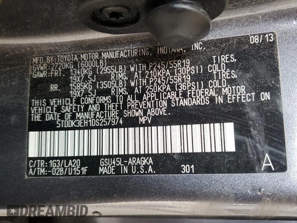 2013 Toyota Highlander Limited z VIN 5TDDK3EH1DS257974, wystawiony jako Copart lot #59481915 z przebiegiem 322 770 mil mil oraz Nie do naprawy • Non repairable. Historia ofert i sprzedaży dostępna na DreamBid. Obrazek 13.