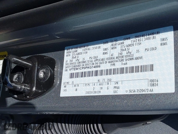 2023 Ford F-150 XL with VIN 1FTEW1CP0PKG14886, listed as a IAAI auction lot 42444367 with 10,677 mi miles and . Bid and sale history available at DreamBid. Image 9.
