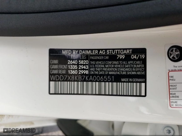 2019 Mercedes-Benz AMG GT with VIN WDD7X8KB7KA006551, listed as a IAAI auction lot 41962236 with 1 mi miles. Bid and sale history available at carsss.com. Image 7.
