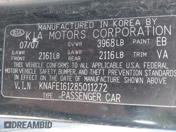 2008 Kia Spectra with VIN KNAFE161285011272, listed as a IAAI auction lot 42303490 with 177,800 mi miles and . Bid and sale history available at DreamBid. Image 9.