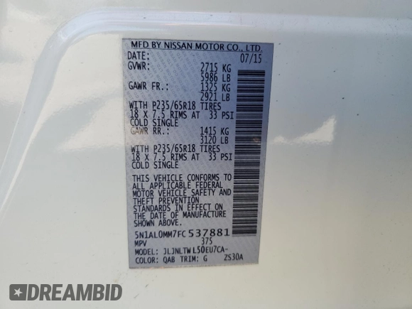 2015 Infiniti QX60 with VIN 5N1AL0MM7FC537881, listed as a Copart auction lot 50093845 with 100,988 mi miles and Salvage Title. Bid and sale history available at DreamBid. Image 15.