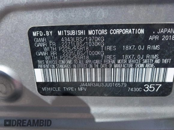 2018 Mitsubishi Outlander Sport ES 2.0 with VIN JA4AR3AU3JU016579, listed as a IAAI auction lot 41890008 with 182,268 mi miles. Bid and sale history available at carsss.com. Image 9.