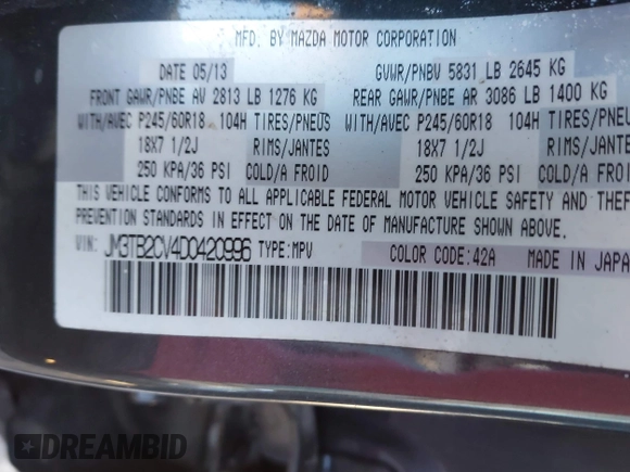 2013 Mazda CX-9 Touring with VIN JM3TB2CV4D0420996, listed as a IAAI auction lot 41733567 with 145,092 mi miles and . Bid and sale history available at carsss.com. Image 9.