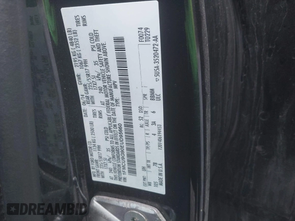 2014 Ford Escape SE с VIN 1FMCU9G90EUD95660, выставлен на аукционе IAAI как лот 42740460 с пробегом 192 519 миль миль и . История ставок и продаж доступна на DreamBid. Изображение 9.