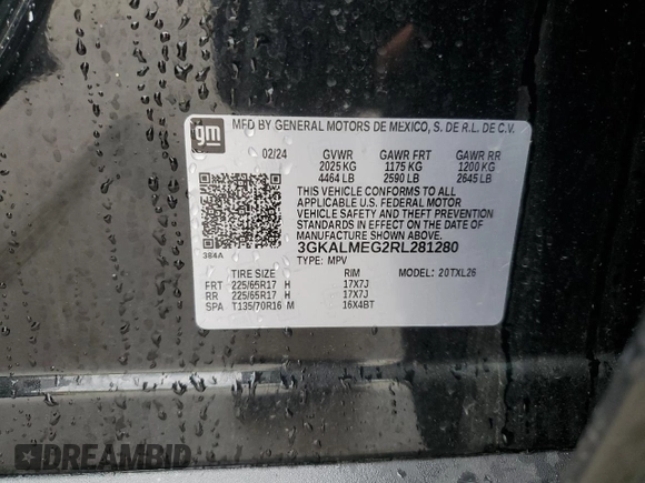 2024 GMC Terrain SLE with VIN 3GKALMEG2RL281280, listed as a Copart auction lot 59234575 with 36,173 mi miles and Clean title. Bid and sale history available at DreamBid. Image 13.