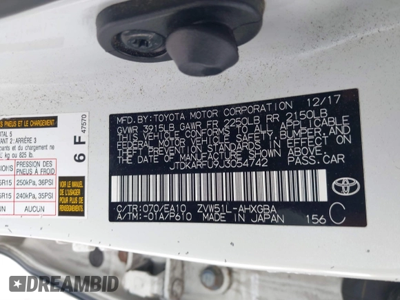 2018 Toyota Prius Two with VIN JTDKARFU9J3054742, listed as a IAAI auction lot 41641032 with 209,986 mi miles. Bid and sale history available at carsss.com. Image 9.