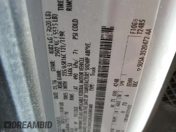 2016 Ford Transit Cargo with VIN 1FTYR1ZM5GKA59046, listed as a Copart auction lot 46261424 with 291,347 mi miles and . Bid and sale history available at DreamBid. Image 14.