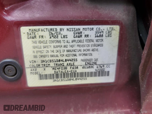 2004 Nissan Sentra S z VIN 3N1CB51D84L844255, wystawiony jako Copart lot #57725305 z przebiegiem 70 648 mil mil oraz Czysty tytuł • Clean title. Historia ofert i sprzedaży dostępna na DreamBid. Obrazek 12.