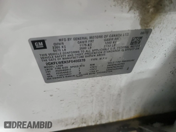 2015 GMC Terrain SLE with VIN 2GKFLWEK5F6400378, listed as a Copart auction lot 44408375 with 118,074 mi miles and Clean Title. Bid and sale history available at DreamBid. Image 13.