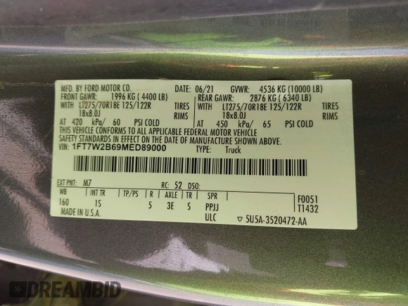 2021 Ford F-250 XL with VIN 1FT7W2B69MED89000, listed as a IAAI auction lot 42037951 with Not provided miles and . Bid and sale history available at DreamBid. Image 9.