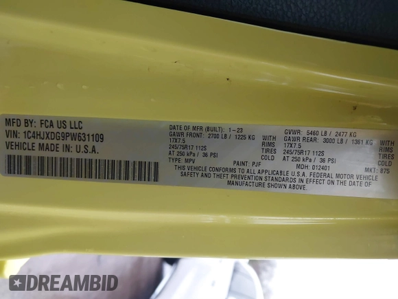2023 Jeep Wrangler Sport with VIN 1C4HJXDG9PW631109, listed as a IAAI auction lot 41149861 with 27,570 mi miles and . Bid and sale history available at DreamBid. Image 9.