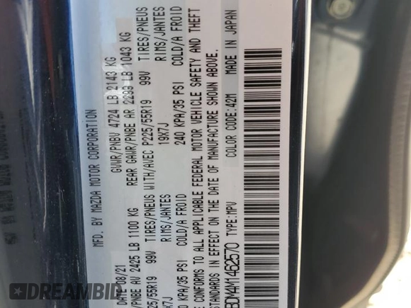 2021 Mazda CX-5 Grand Touring with VIN JM3KFBDM4M1462570, listed as a Copart auction lot 54827675 with 45,389 mi miles and Salvage Title. Bid and sale history available at DreamBid. Image 13.