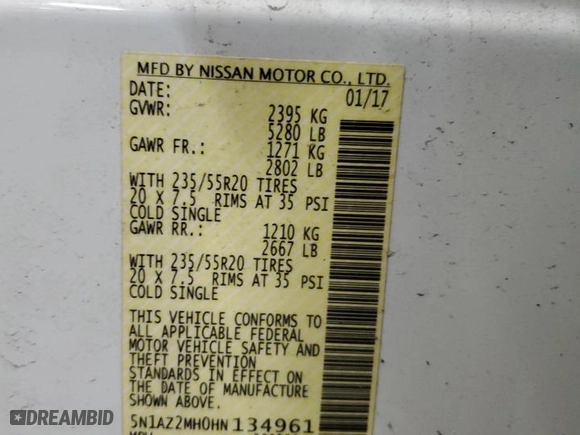 2017 Nissan Murano Platinum with VIN 5N1AZ2MH0HN134961, listed as a Copart auction lot 46897355 with 121,681 mi miles and Salvage Title. Bid and sale history available at carsss.com. Image 13.
