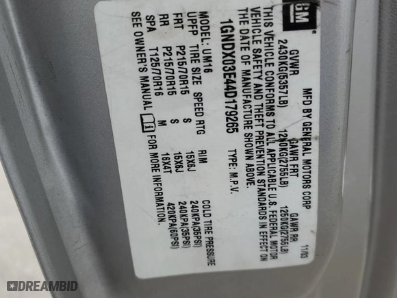 2004 Chevrolet Venture LS with VIN 1GNDX03E44D179265, listed as a Copart auction lot 82254644 with 0 mi miles and Salvage Title. Bid and sale history available at carsss.com. Image 16.