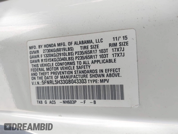 2016 Honda Odyssey SE with VIN 5FNRL5H33GB043303, listed as a IAAI auction lot 42215233 with 67,097 mi miles and . Bid and sale history available at DreamBid. Image 9.