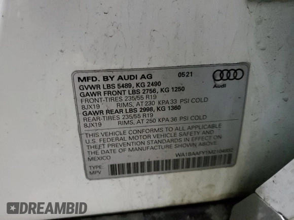 2021 Audi Q5 Premium Plus with VIN WA1BAAFY1M2104932, listed as a Copart auction lot 37827613 with Not Provided miles. Bid and sale history available at carsss.com. Image 13.