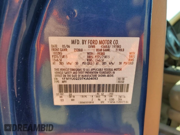2007 Ford Escape XLS с VIN 1FMYU02Z07KA04093, выставлен на аукционе Copart как лот 54970295 с пробегом 167 257 миль миль и Чистый • Clean title. История ставок и продаж доступна на DreamBid. Изображение 13.