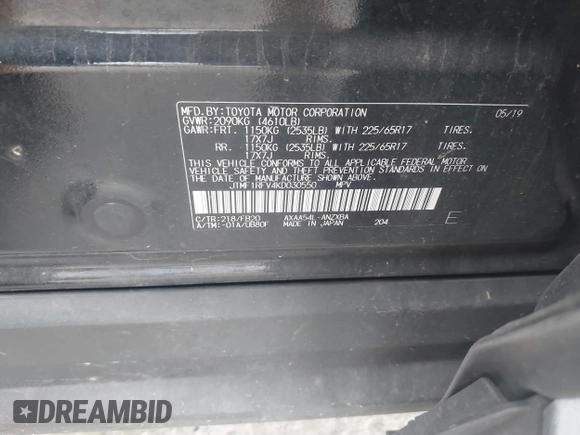 2019 Toyota RAV4 LE with VIN JTMF1RFV4KD030550, listed as a IAAI auction lot 40596628 with 92,318 mi miles and . Bid and sale history available at DreamBid. Image 9.