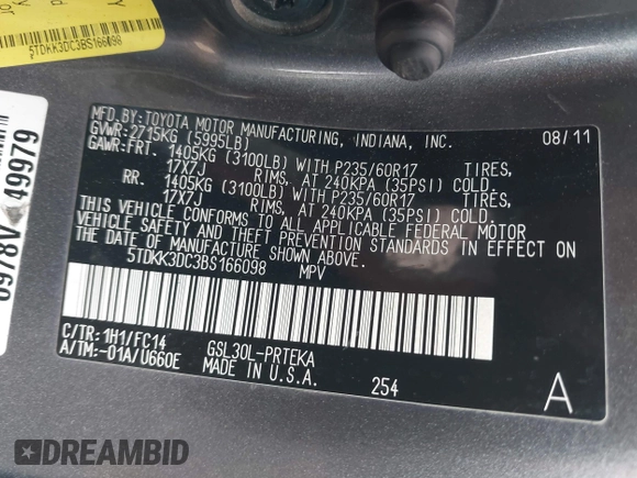 2011 Toyota Sienna LE AAS z VIN 5TDKK3DC3BS166098, wystawiony jako IAAI lot #42594337 z przebiegiem 197 963 mil mil oraz . Historia ofert i sprzedaży dostępna na DreamBid. Obrazek 9.