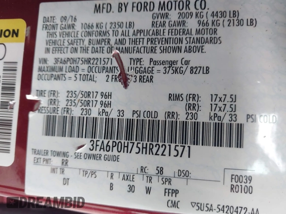 2017 Ford Fusion SE with VIN 3FA6P0H75HR221571, listed as a IAAI auction lot 42452297 with 91,354 mi miles and . Bid and sale history available at DreamBid. Image 9.