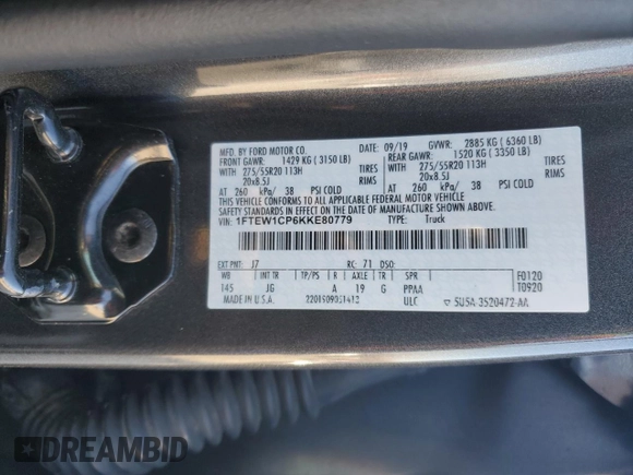 2019 Ford F-150 XL with VIN 1FTEW1CP6KKE80779, listed as a Copart auction lot 46732145 with 83,559 mi miles and Salvage Title. Bid and sale history available at carsss.com. Image 12.
