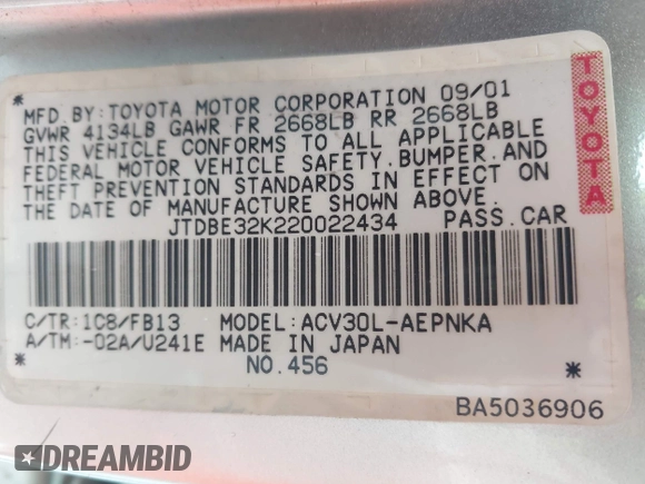 2002 Toyota Camry LE z VIN JTDBE32K220022434, wystawiony jako IAAI lot #42194752 z przebiegiem 168 955 mil mil oraz . Historia ofert i sprzedaży dostępna na DreamBid. Obrazek 9.
