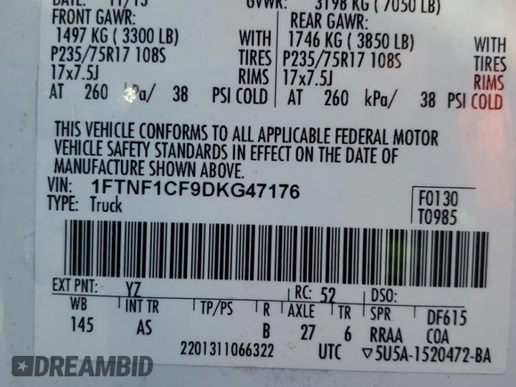 2013 Ford F-150 XL with VIN 1FTNF1CF9DKG47176, listed as a Copart auction lot 48977555 with 140,258 mi miles and Salvage Title. Bid and sale history available at carsss.com. Image 13.