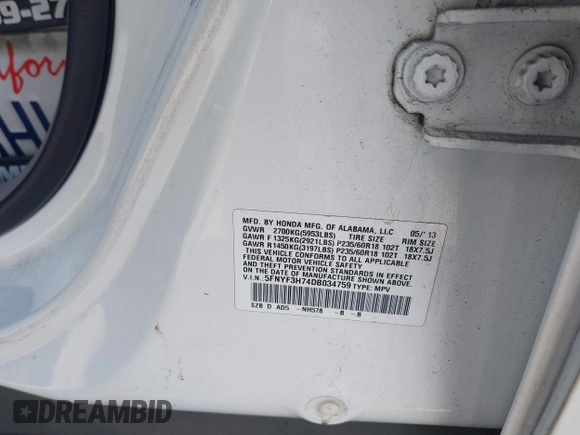 2013 Honda Pilot EX-L with VIN 5FNYF3H74DB034759, listed as a IAAI auction lot 41774123 with 142,782 mi miles and . Bid and sale history available at DreamBid. Image 9.