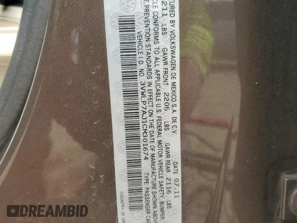 2012 Volkswagen Jetta SEL with VIN 3VWLP7AJ1CM301674, listed as a Copart auction lot 59000735 with 118,308 mi miles and Salvage title. Bid and sale history available at DreamBid. Image 12.