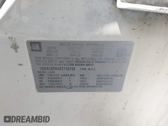 2015 Chevrolet Equinox LT z VIN 1GNALBEK9FZ115113, wystawiony jako IAAI lot #42402174 z przebiegiem 146 666 mil mil oraz . Historia ofert i sprzedaży dostępna na DreamBid. Obrazek 9.