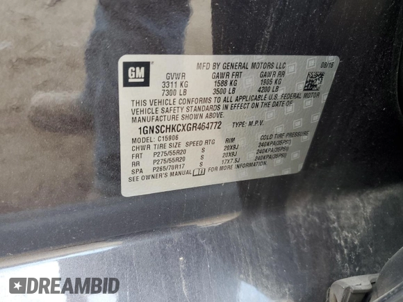 2016 Chevrolet Suburban LT with VIN 1GNSCHKCXGR464772, listed as a Copart auction lot 80065134 with 79,706 mi miles and Salvage Title. Bid and sale history available at carsss.com. Image 14.