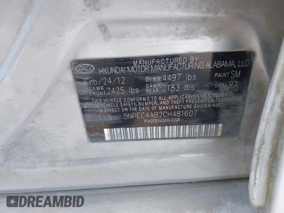 2012 Hyundai Sonata Limited with VIN 5NPEC4AB2CH481607, listed as a IAAI auction lot 42018911 with 170,865 mi miles and . Bid and sale history available at DreamBid. Image 9.