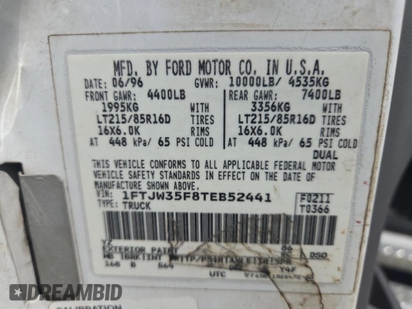 1996 Ford F-350 with VIN 1FTJW35F8TEB52441, listed as a Copart auction lot 48917765 with 271,664 mi miles and Clean title. Bid and sale history available at DreamBid. Image 10.